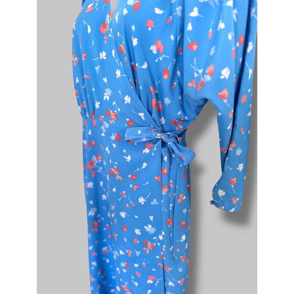 Joie Blue Floral Wrap Dress Size XS Long Sleeve V-Neck Midi Dress Asymmetric Hem - Picture 4 of 11